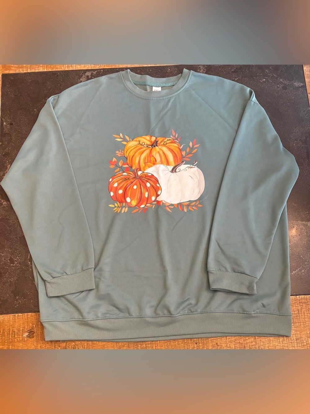 Women’s Oversized Sage Green Crewneck Sweatshirt with Pumpkin Graphic